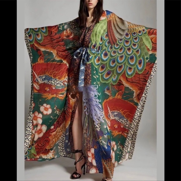 Jewel Peacock Feather Bohemian Gypsy Kimono With Sash Tie, Feather Print - Picture 4 of 8